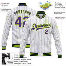 Load image into Gallery viewer, Custom White Purple Pinstripe Neon Green-Black Bomber Full-Snap Varsity Letterman Jacket