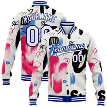 Load image into Gallery viewer, Custom Graffiti Pattern White-Royal Grunge Art 3D Bomber Full-Snap Varsity Letterman Jacket