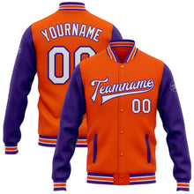 Load image into Gallery viewer, Custom Orange White-Purple Bomber Full-Snap Varsity Letterman Two Tone Jacket