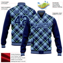 Load image into Gallery viewer, Custom Navy Light Blue-Neon Green Check Board 3D Pattern Design Bomber Full-Snap Varsity Letterman Jacket