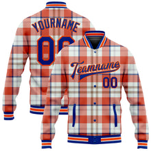 Load image into Gallery viewer, Custom Orange Royal-White Check Board 3D Pattern Design Bomber Full-Snap Varsity Letterman Jacket