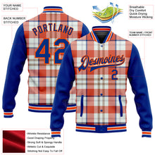 Load image into Gallery viewer, Custom Orange Royal-White Check Board 3D Pattern Design Bomber Full-Snap Varsity Letterman Jacket