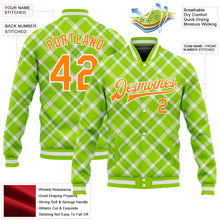 Load image into Gallery viewer, Custom Neon Green Bay Orange-White Check Board 3D Pattern Design Bomber Full-Snap Varsity Letterman Jacket