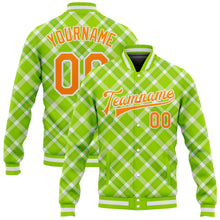 Load image into Gallery viewer, Custom Neon Green Bay Orange-White Check Board 3D Pattern Design Bomber Full-Snap Varsity Letterman Jacket