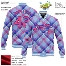 Load image into Gallery viewer, Custom Light Blue Neon Pink Thunder Blue-Cream Check Board 3D Pattern Design Bomber Full-Snap Varsity Letterman Jacket
