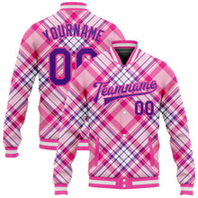 Load image into Gallery viewer, Custom Light Pink Purple-Pink Check Board 3D Pattern Design Bomber Full-Snap Varsity Letterman Jacket