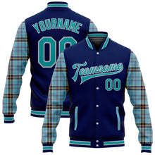 Load image into Gallery viewer, Custom Navy Teal Gray-Shadow Blue Classic Western Plaid 3D Pattern Design Bomber Full-Snap Varsity Letterman Jacket