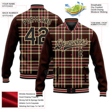 Load image into Gallery viewer, Custom Brown Black Vegas Gold City Cream-Crimson Classic Western Plaid 3D Pattern Design Bomber Full-Snap Varsity Letterman Jacket