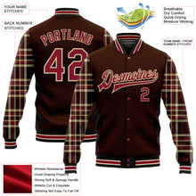 Load image into Gallery viewer, Custom Brown Crimson Vegas Gold Black-City Cream Classic Western Plaid 3D Pattern Design Bomber Full-Snap Varsity Letterman Jacket