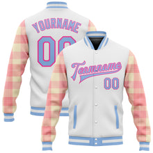 Load image into Gallery viewer, Custom White Light Blue Pink-Medium Pink Classic Western Plaid 3D Pattern Design Bomber Full-Snap Varsity Letterman Jacket