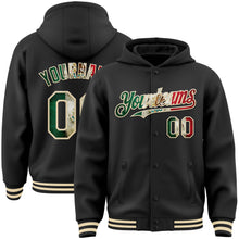 Load image into Gallery viewer, Custom Black Vintage Mexican Flag-Cream Bomber Full-Snap Varsity Letterman Hoodie Jacket