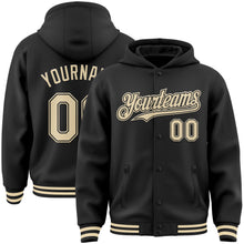 Load image into Gallery viewer, Custom Black Cream Bomber Full-Snap Varsity Letterman Hoodie Jacket