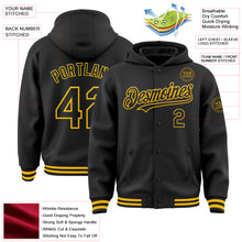 Load image into Gallery viewer, Custom Black Gold Bomber Full-Snap Varsity Letterman Hoodie Jacket