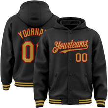 Load image into Gallery viewer, Custom Black Old Gold-Red Bomber Full-Snap Varsity Letterman Hoodie Jacket