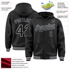 Load image into Gallery viewer, Custom Black Gray Bomber Full-Snap Varsity Letterman Hoodie Jacket