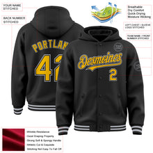 Load image into Gallery viewer, Custom Black Gold-Gray Bomber Full-Snap Varsity Letterman Hoodie Jacket