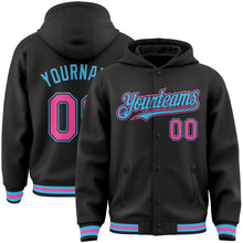 Load image into Gallery viewer, Custom Black Pink-Sky Blue Bomber Full-Snap Varsity Letterman Hoodie Jacket