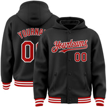 Load image into Gallery viewer, Custom Black Red-White Bomber Full-Snap Varsity Letterman Hoodie Jacket