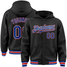 Load image into Gallery viewer, Custom Black Royal-Red Bomber Full-Snap Varsity Letterman Hoodie Jacket