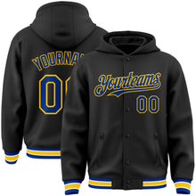 Load image into Gallery viewer, Custom Black Royal-Yellow Bomber Full-Snap Varsity Letterman Hoodie Jacket