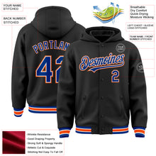 Load image into Gallery viewer, Custom Black Royal-Orange Bomber Full-Snap Varsity Letterman Hoodie Jacket