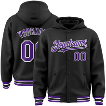 Load image into Gallery viewer, Custom Black Purple-White Bomber Full-Snap Varsity Letterman Hoodie Jacket