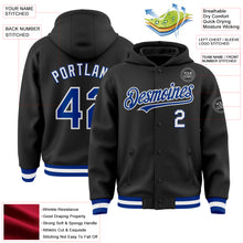 Load image into Gallery viewer, Custom Black Royal-White Bomber Full-Snap Varsity Letterman Hoodie Jacket
