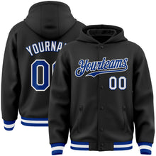 Load image into Gallery viewer, Custom Black Royal-White Bomber Full-Snap Varsity Letterman Hoodie Jacket