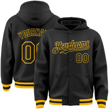 Load image into Gallery viewer, Custom Black Gold Bomber Full-Snap Varsity Letterman Hoodie Jacket
