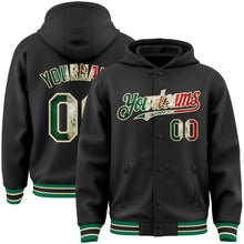 Load image into Gallery viewer, Custom Black Vintage Mexican Flag Cream-Kelly Green Bomber Full-Snap Varsity Letterman Hoodie Jacket