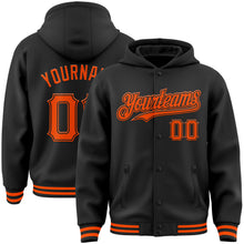 Load image into Gallery viewer, Custom Black Orange Bomber Full-Snap Varsity Letterman Hoodie Jacket