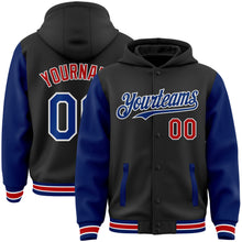 Load image into Gallery viewer, Custom Black Royal-Red Bomber Full-Snap Varsity Letterman Two Tone Hoodie Jacket