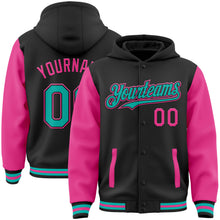 Load image into Gallery viewer, Custom Black Aqua-Pink Bomber Full-Snap Varsity Letterman Two Tone Hoodie Jacket