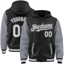 Load image into Gallery viewer, Custom Black White-Gray Bomber Full-Snap Varsity Letterman Two Tone Hoodie Jacket