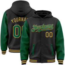 Load image into Gallery viewer, Custom Black Kelly Green-Old Gold Bomber Full-Snap Varsity Letterman Two Tone Hoodie Jacket