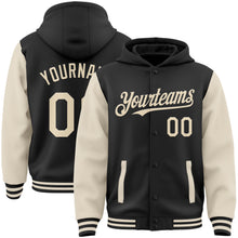 Load image into Gallery viewer, Custom Black Cream Bomber Full-Snap Varsity Letterman Two Tone Hoodie Jacket