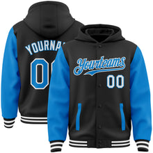 Load image into Gallery viewer, Custom Black Powder Blue-White Bomber Full-Snap Varsity Letterman Two Tone Hoodie Jacket