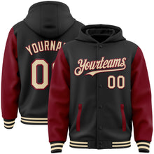 Load image into Gallery viewer, Custom Black Cream-Crimson Bomber Full-Snap Varsity Letterman Two Tone Hoodie Jacket