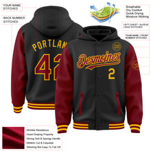 Load image into Gallery viewer, Custom Black Crimson-Gold Bomber Full-Snap Varsity Letterman Two Tone Hoodie Jacket