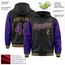 Load image into Gallery viewer, Custom Black Purple-Old Gold Bomber Full-Snap Varsity Letterman Two Tone Hoodie Jacket