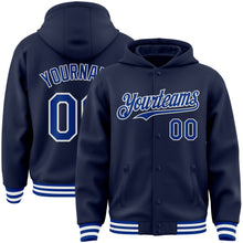 Load image into Gallery viewer, Custom Navy Royal-White Bomber Full-Snap Varsity Letterman Hoodie Jacket