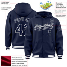 Load image into Gallery viewer, Custom Navy White Bomber Full-Snap Varsity Letterman Hoodie Jacket
