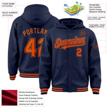 Load image into Gallery viewer, Custom Navy Orange Bomber Full-Snap Varsity Letterman Hoodie Jacket