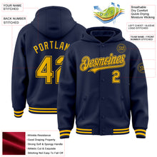 Load image into Gallery viewer, Custom Navy Gold Bomber Full-Snap Varsity Letterman Hoodie Jacket