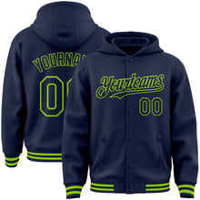 Load image into Gallery viewer, Custom Navy Neon Green Bomber Full-Snap Varsity Letterman Hoodie Jacket