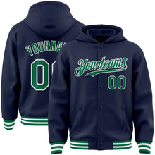 Load image into Gallery viewer, Custom Navy Kelly Green-White Bomber Full-Snap Varsity Letterman Hoodie Jacket