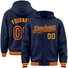 Load image into Gallery viewer, Custom Navy Crimson-Gold Bomber Full-Snap Varsity Letterman Hoodie Jacket