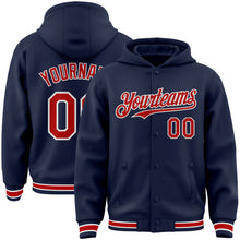 Load image into Gallery viewer, Custom Navy Red-White Bomber Full-Snap Varsity Letterman Hoodie Jacket