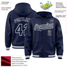 Load image into Gallery viewer, Custom Navy White-Gray Bomber Full-Snap Varsity Letterman Hoodie Jacket