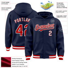 Load image into Gallery viewer, Custom Navy Red-White Bomber Full-Snap Varsity Letterman Hoodie Jacket